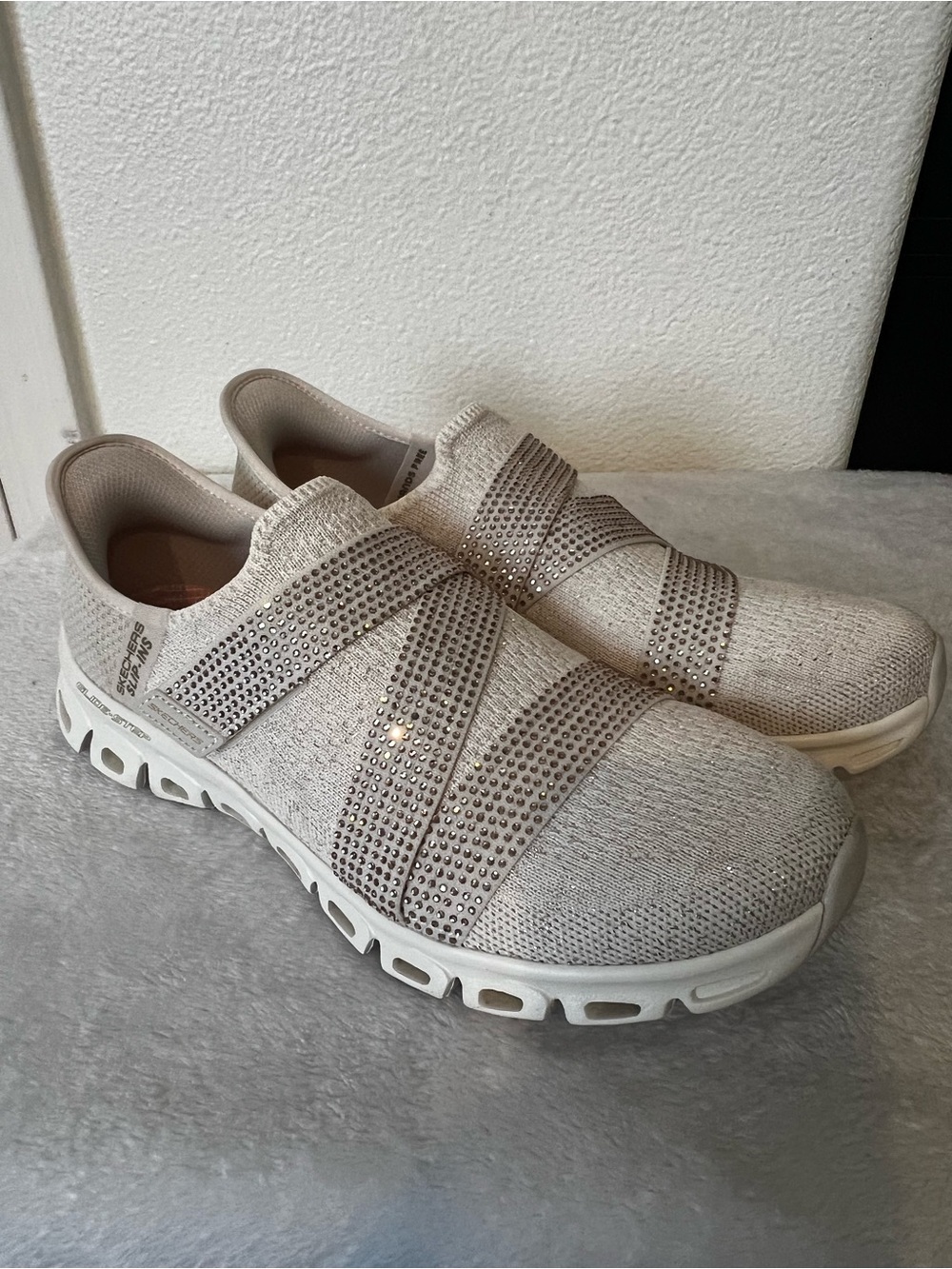 Women’s skechers  Slip-On Sneakers with Crystal Cross Straps in Light Beige